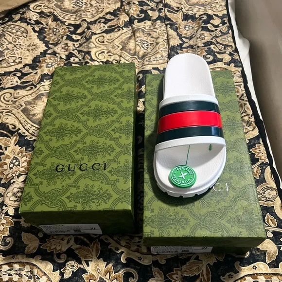 Gucci Red and White Slip-On Loafers Vintage slip on leather coach shoes made in Italy.... | Depop main image 4